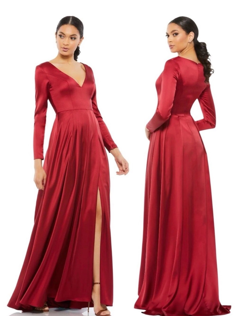 Wine V-Neck Long Sleeve Women’s Dress